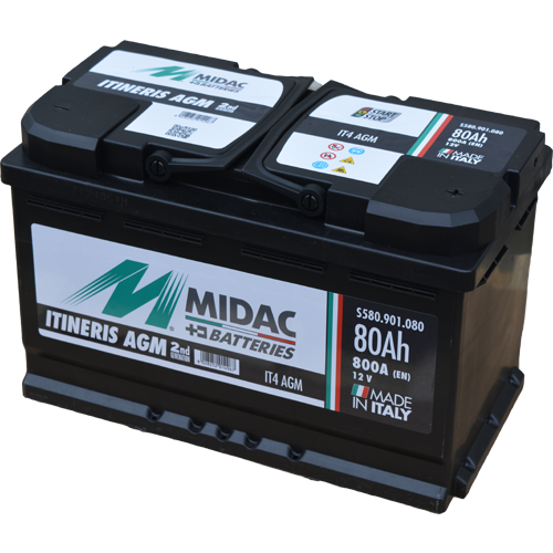 Vendita IT4AGM (S580.901.080), Batteria auto Start & Stop MIDAC Itineris  AGM 12V 80Ah 800A Polarità DX(0). Dim. 310x175x190mm Midac - IT4AGM